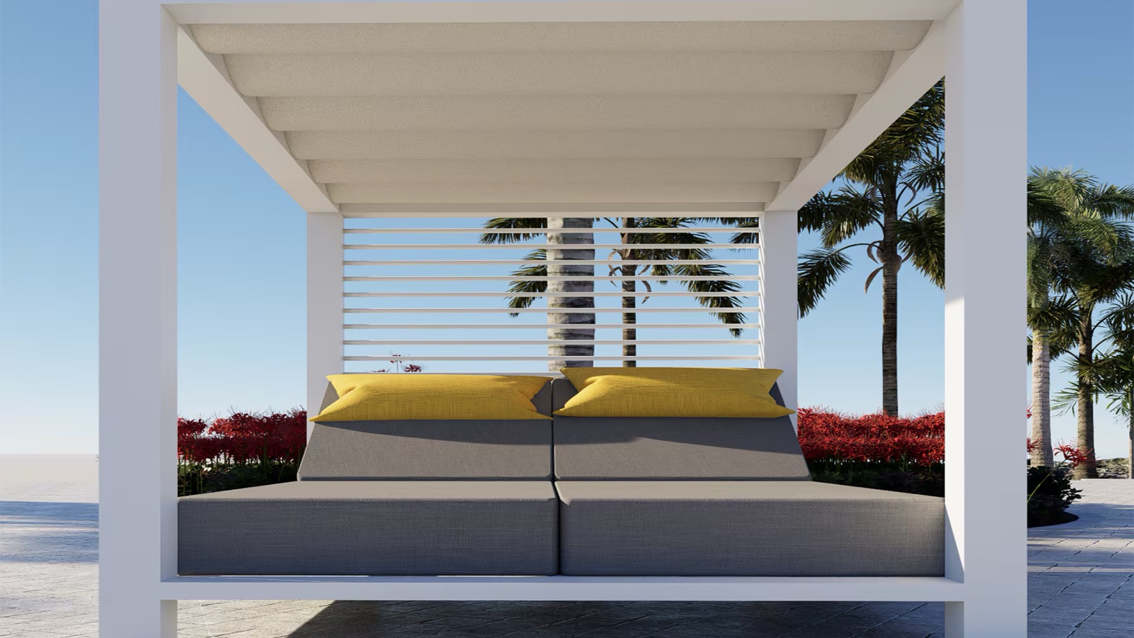 Reference: cabanas and daybeds along the lagoon shoreline.