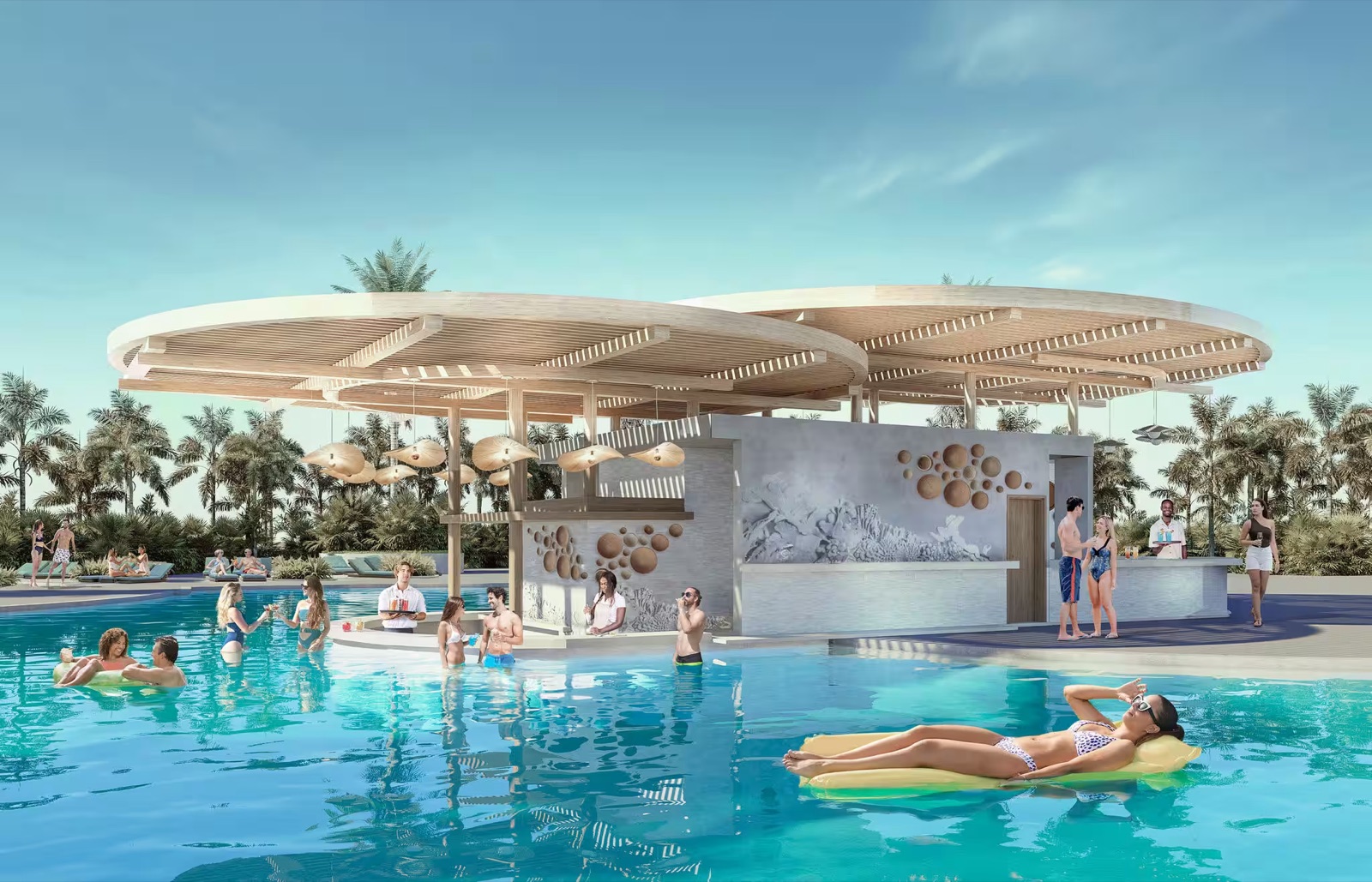 Reference: a horseshoe pool bar with submerged barstools at golden hour.